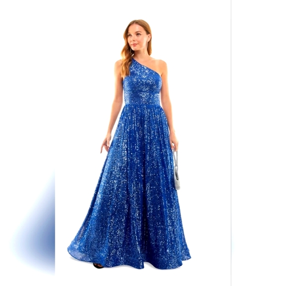 B Darlin Dresses & Skirts - Stunning Blue Sequin By B.Darlin One-Shoulder Gown